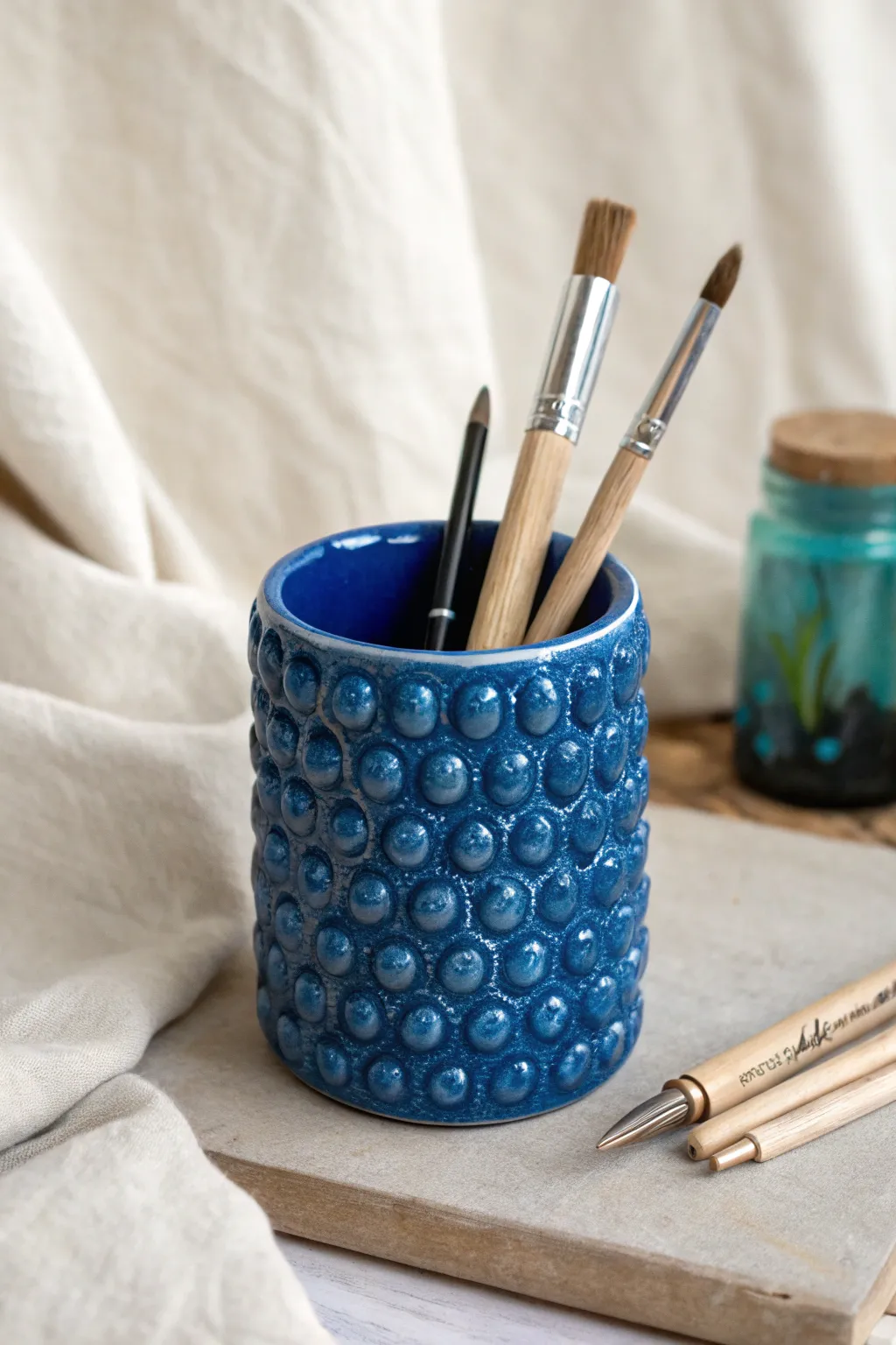 Chunky bubble-texture desk cup in bold glaze, holding brushes for a minimalist creative nook.