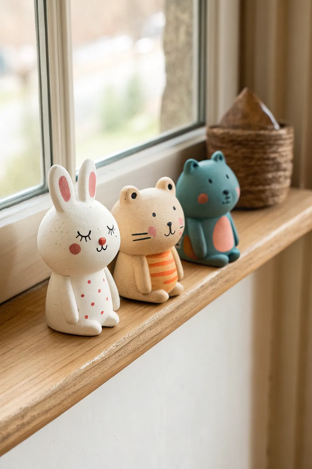 Mini cartoon clay shelf sitters: bunny, bear, cat bring playful charm to minimalist decor.