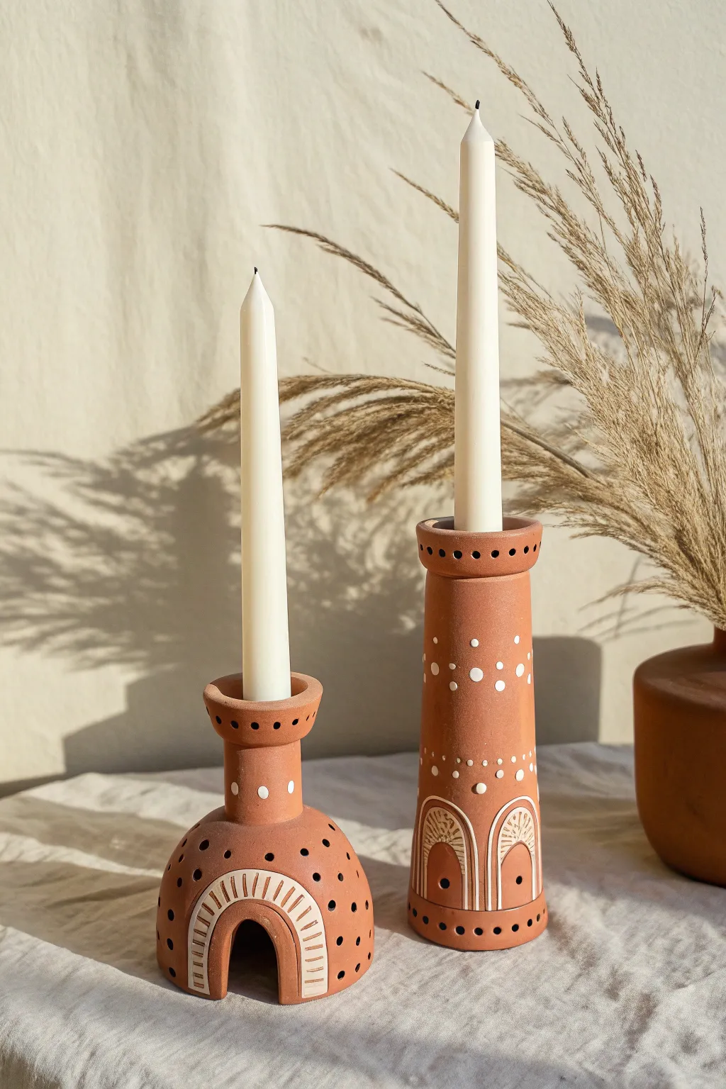 Minimal clay candle holders with simple cutout patterns for warm, modern boho decor