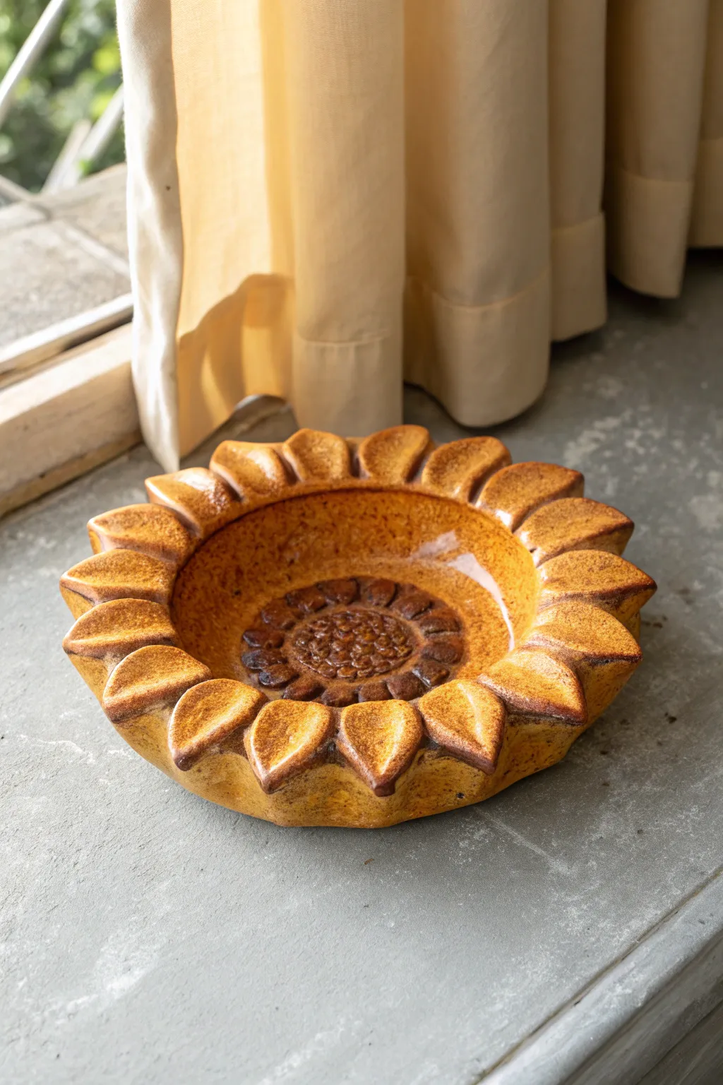 Sunflower petal clay ashtray in warm ochre and terracotta, minimalist boho and handcrafted.