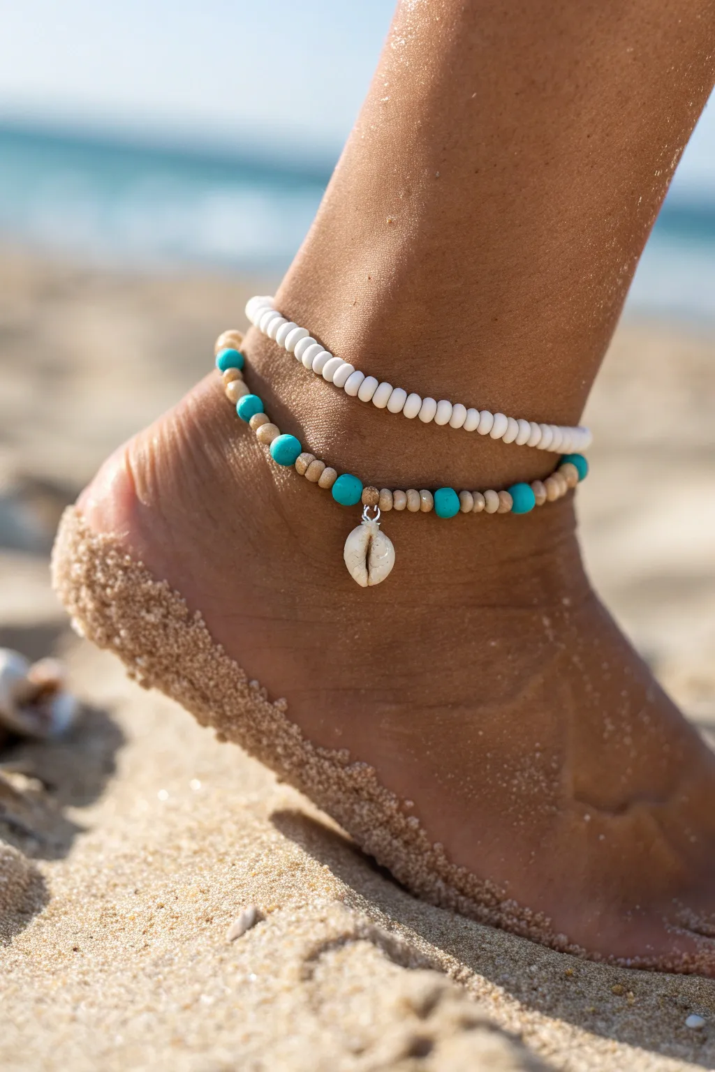 Surfer-inspired clay bead anklet with a tiny shell charm, sandy heishi beads, and a pop of teal.
