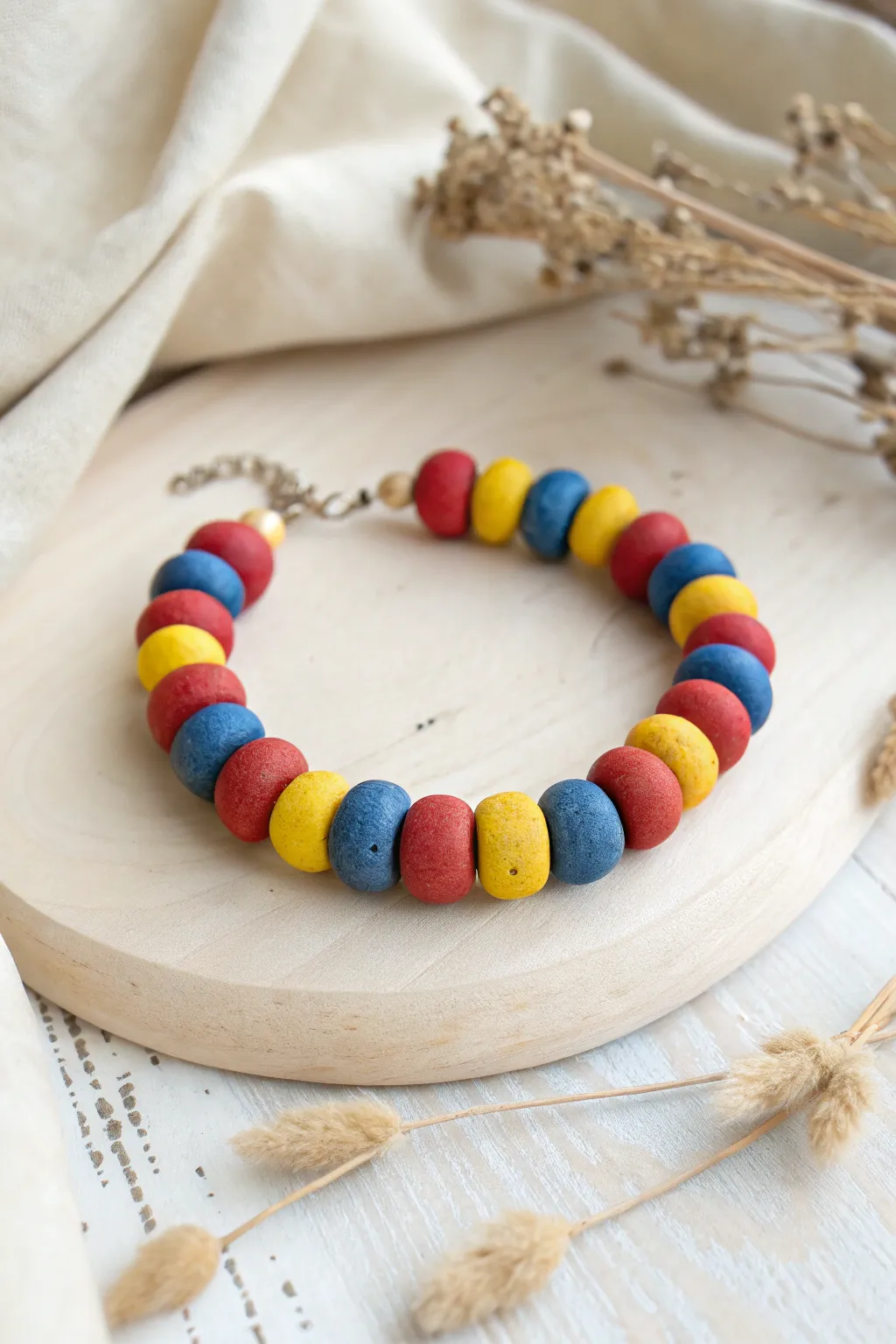 Bold primary clay bead bracelet in red, yellow, and blue for a nostalgic minimal wrist pop