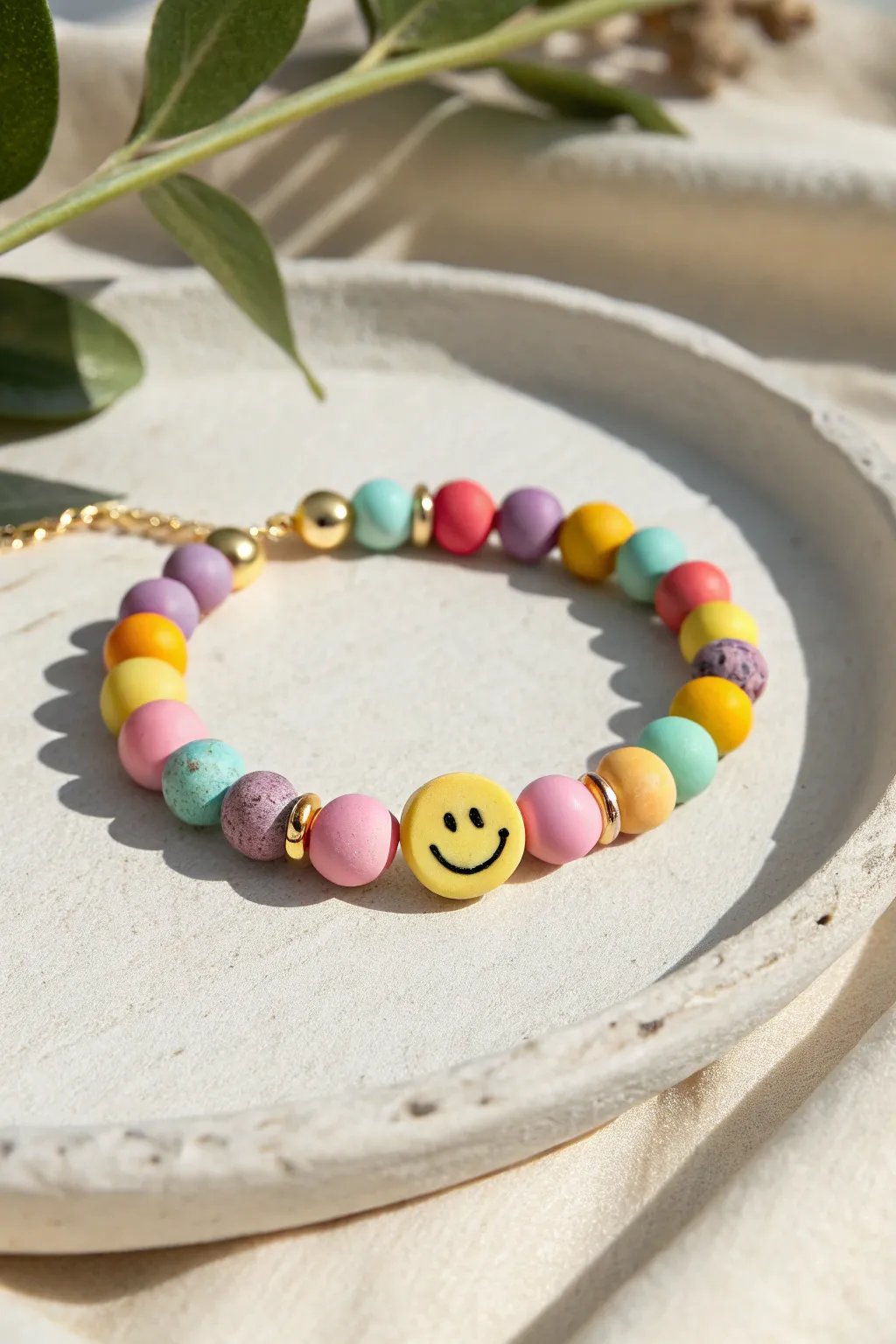 Bright clay bead bracelet with a single smiley highlight bead and subtle metallic spacers