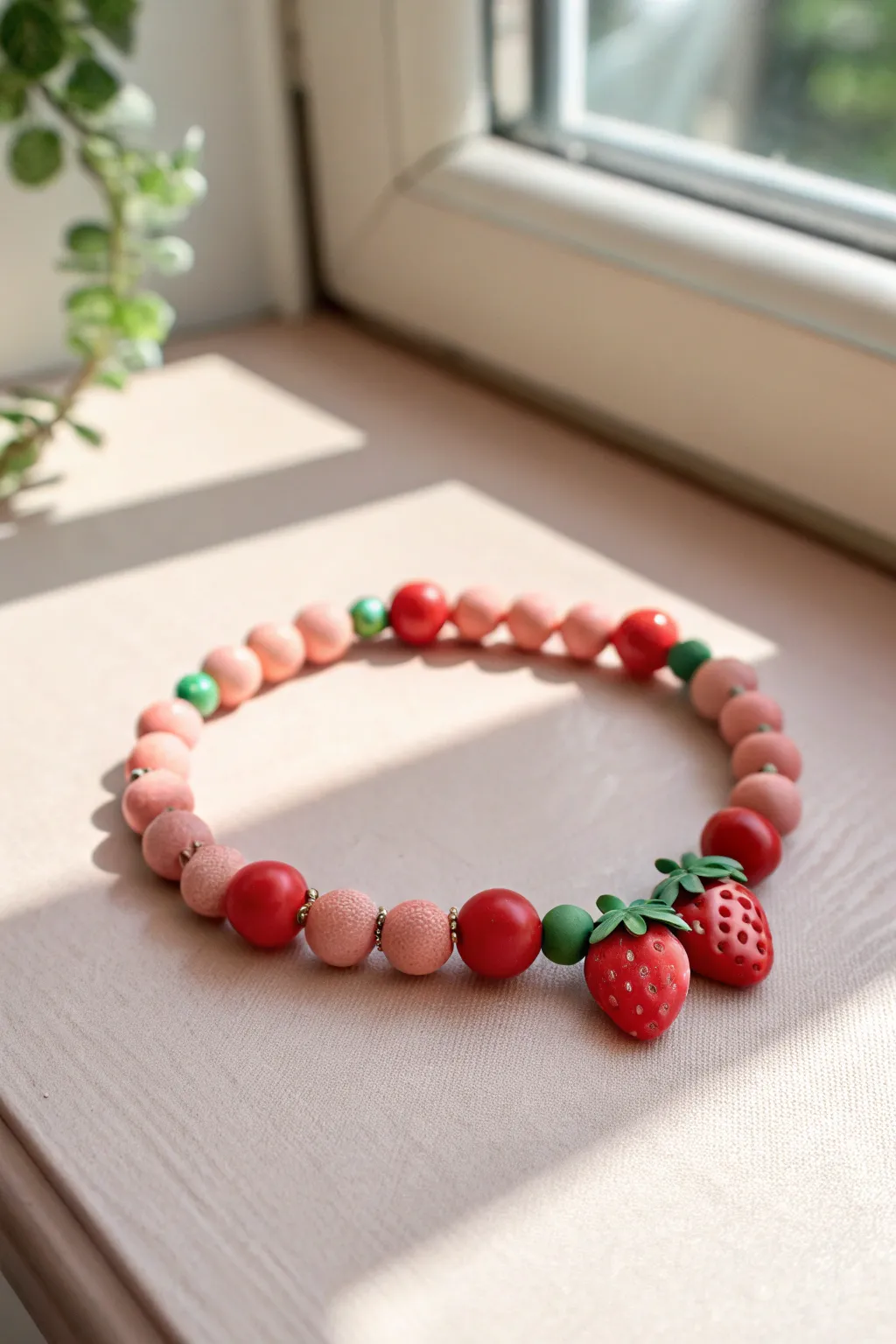 Fruit-pop clay bead bracelet in strawberry hues with a tiny charm, perfect for sweet minimalist style.