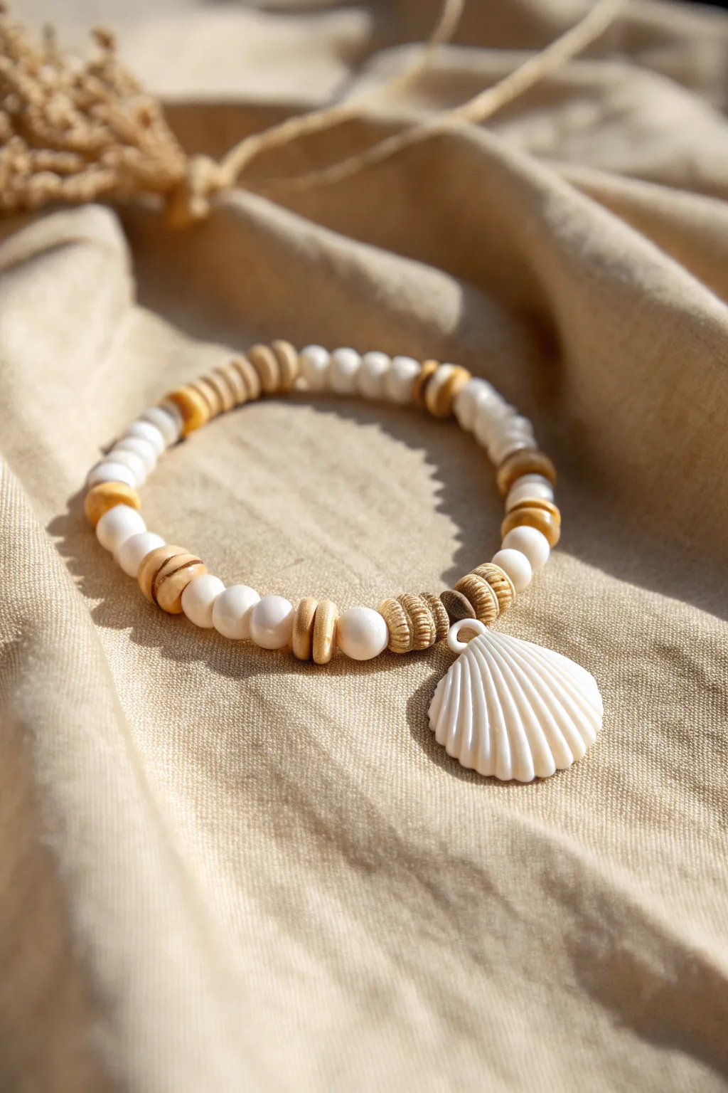 Creamy heishi beads with a simple shell charm for an easy coastal bracelet in minimalist style.