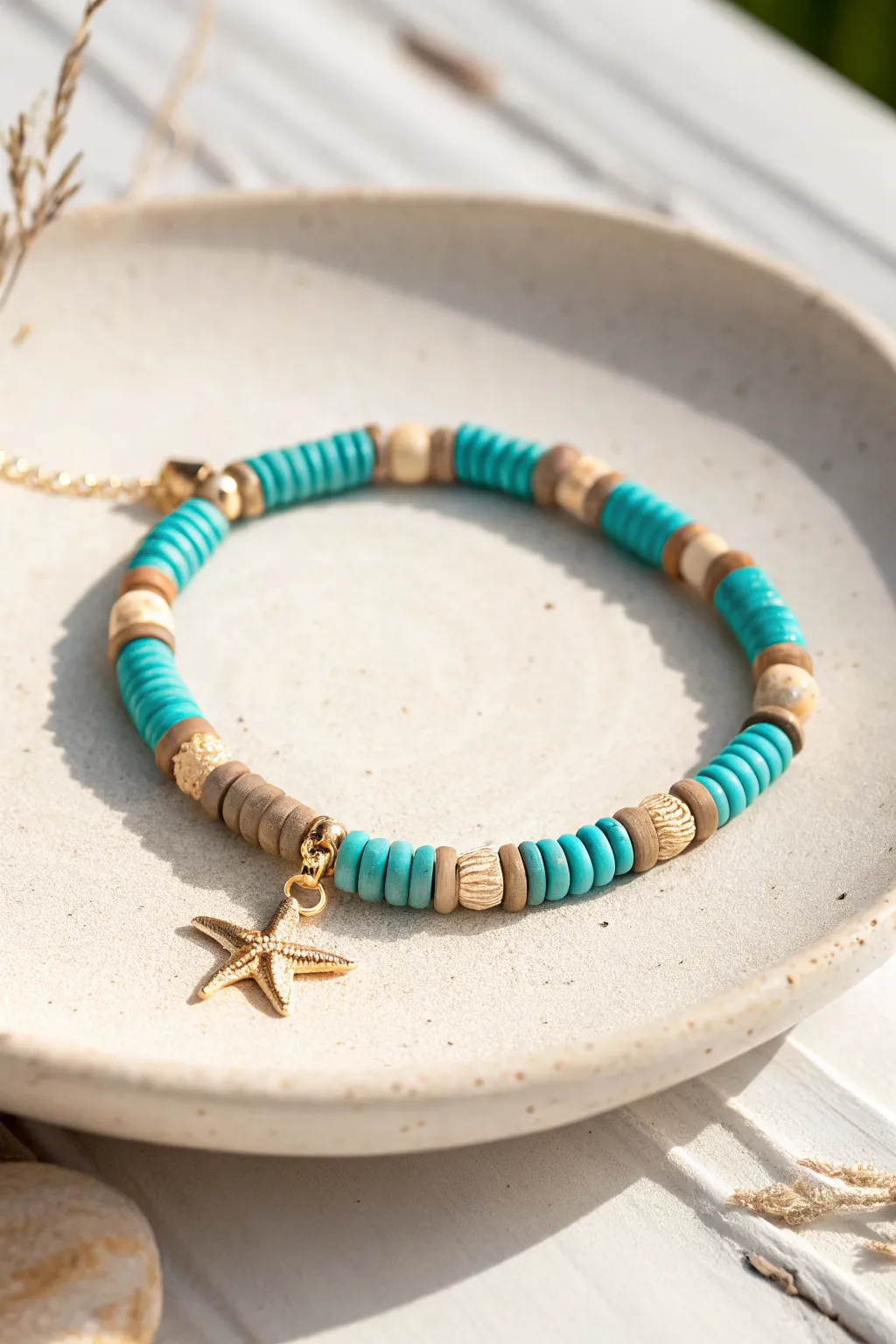 Aqua and sand clay heishi bracelet with a starfish charm, the perfect minimalist summer souvenir.