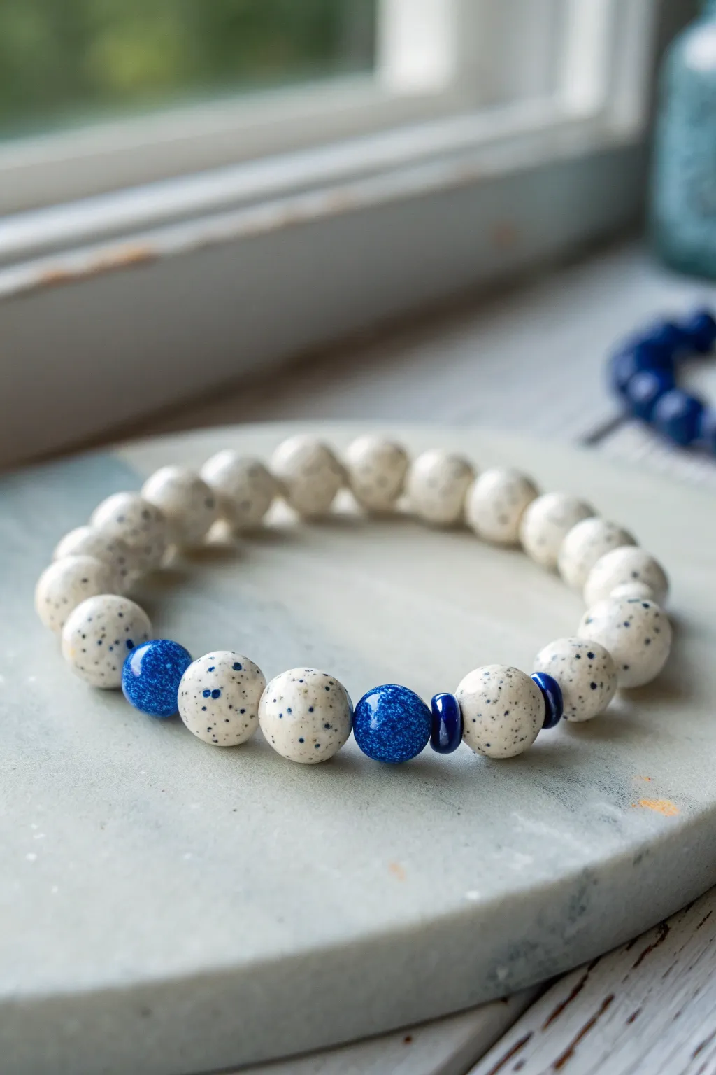 Speckled white clay beads with cobalt-blue flecks for a clean, bold bracelet look