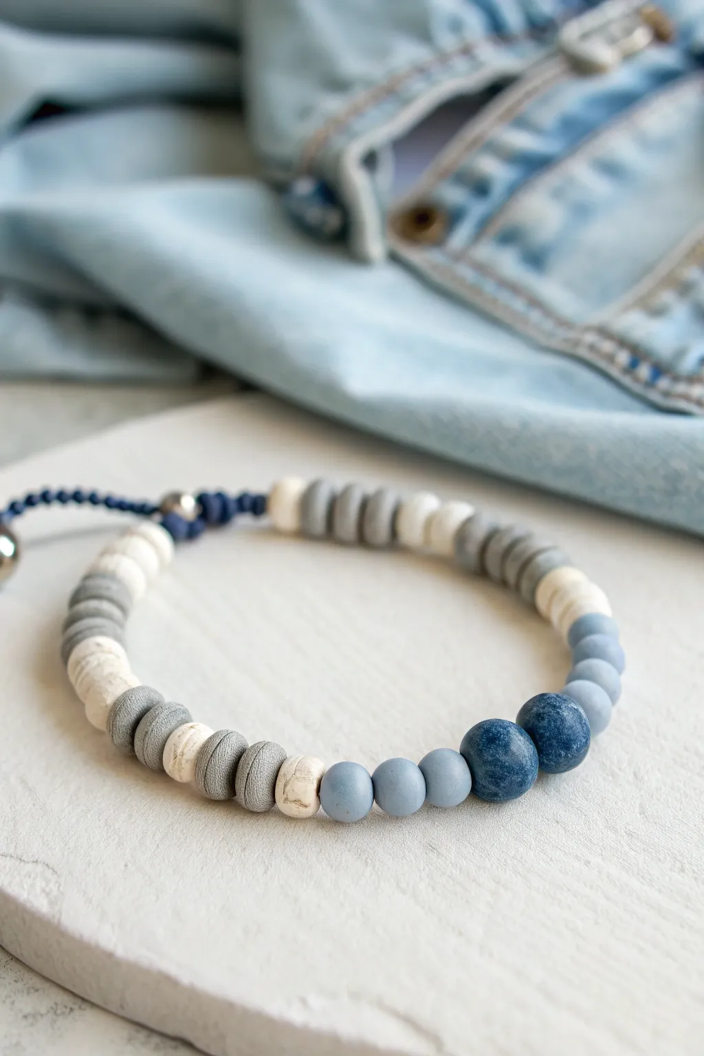 Denim toned clay bead bracelet in washed blues, a minimalist boho accent for everyday wear