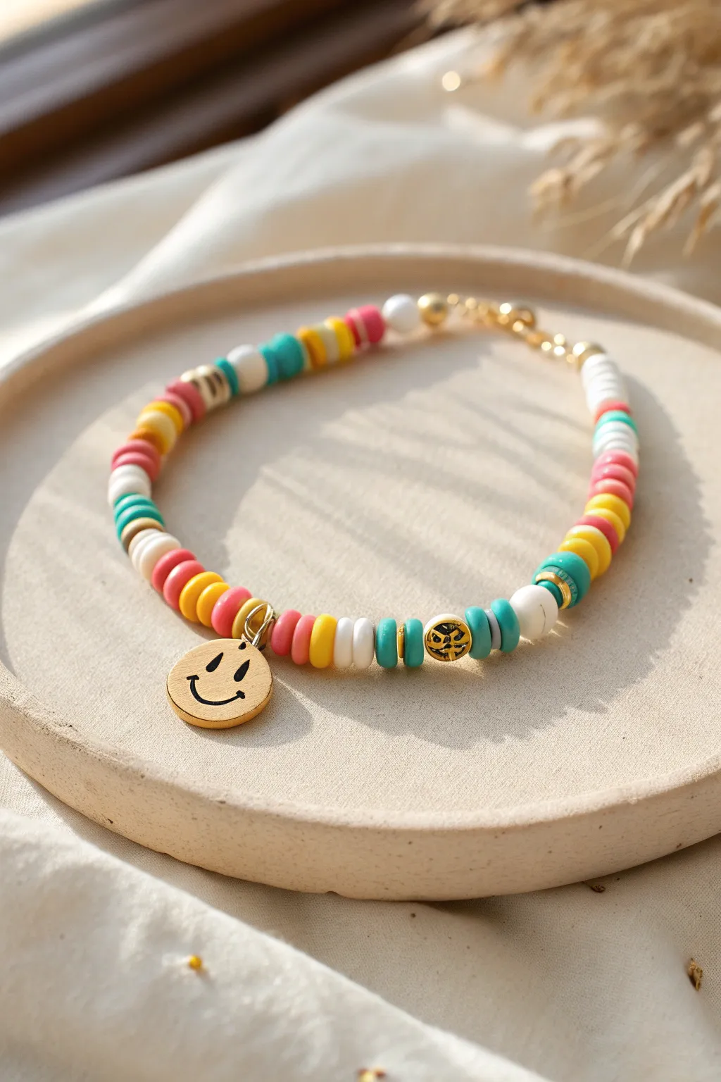 Bright heishi bead bracelet with a smiley icon accent for an easy, cheerful pop of color