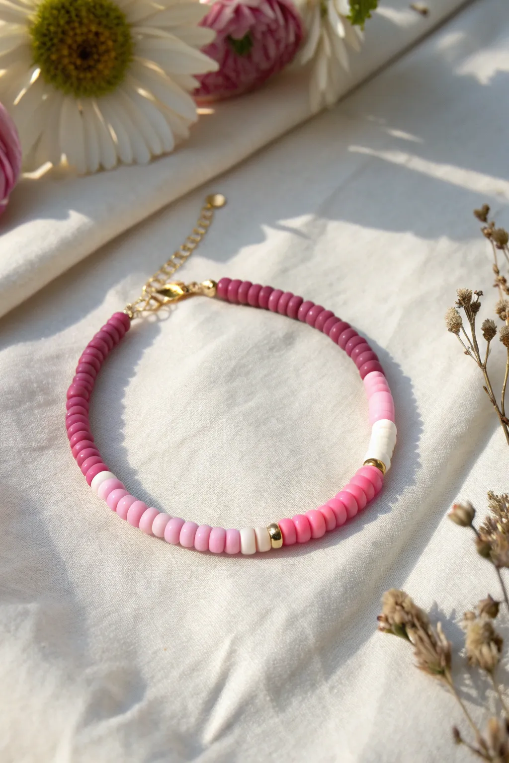 Ombre pink heishi bracelet color combo: deep magenta fading to blush and near-white.