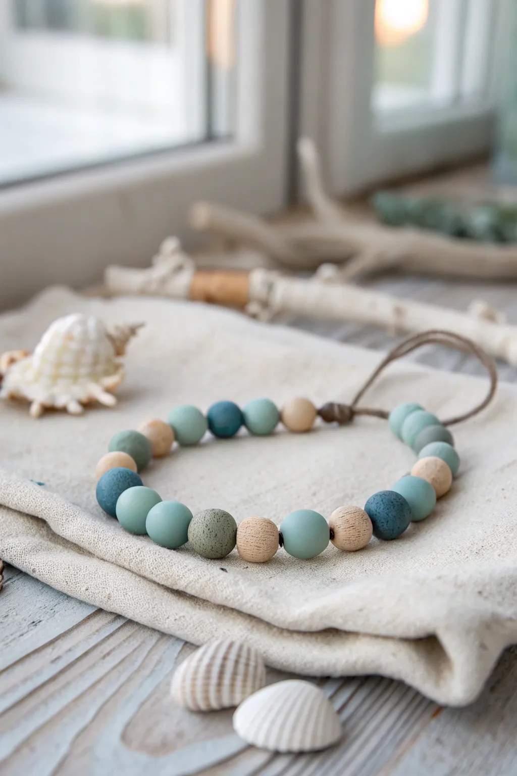 Muted sea-glass clay beads make an easy, beachy bracelet style that feels laid-back and masculine.