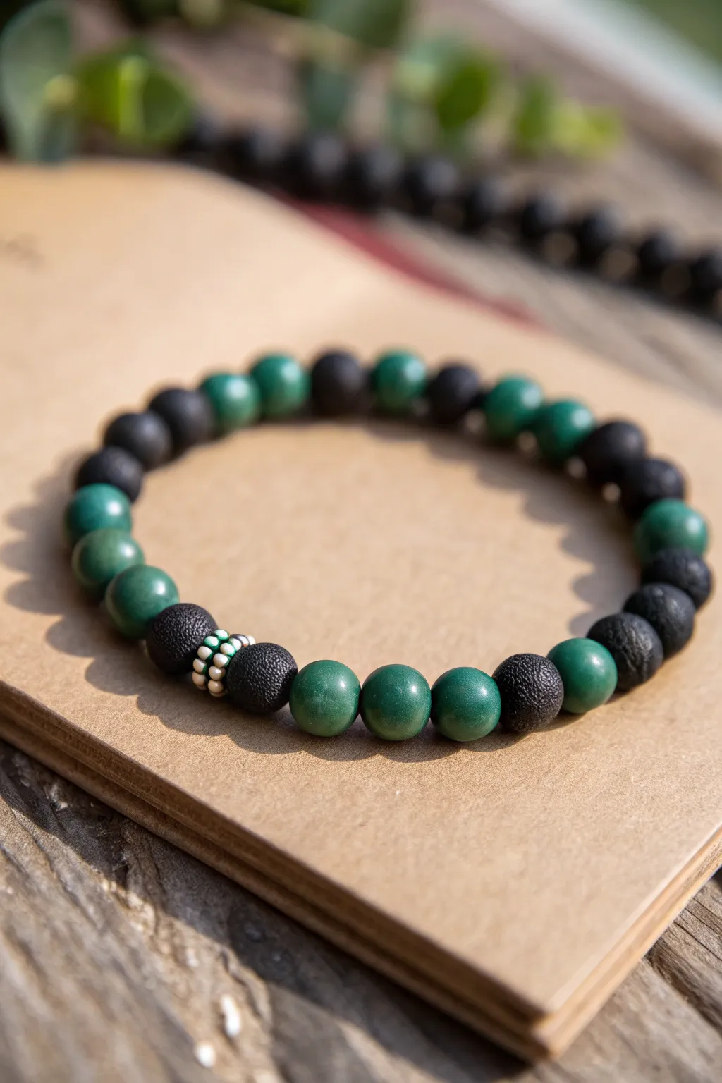 Bold black and emerald checkerboard clay beads for a modern, no white bracelet look.