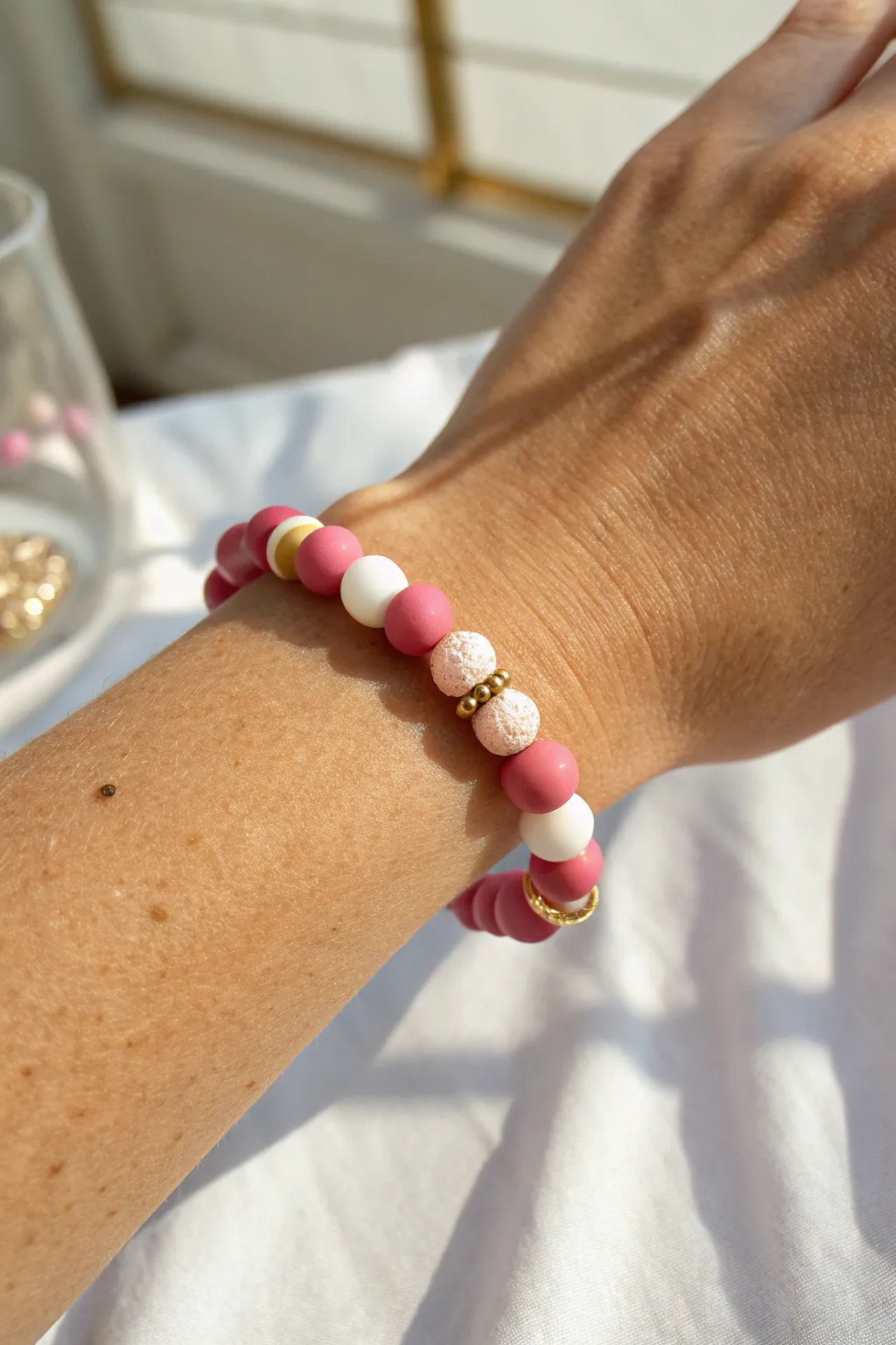 Pink confetti clay bead bracelet with white and gold accents, playful yet effortlessly wearable.