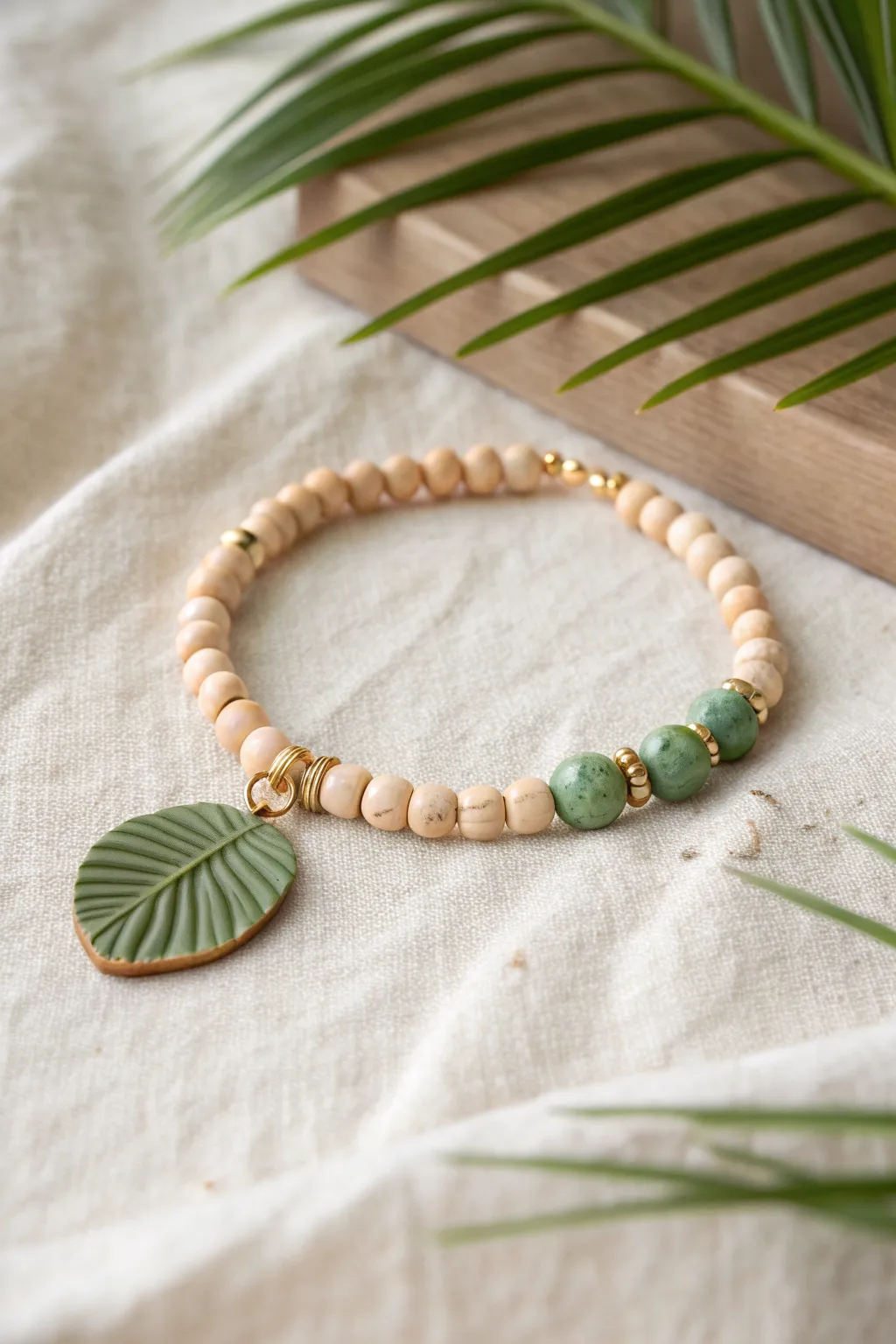 Sandy clay disc beads meet a bold palm-leaf green pop for effortless summer beach style.