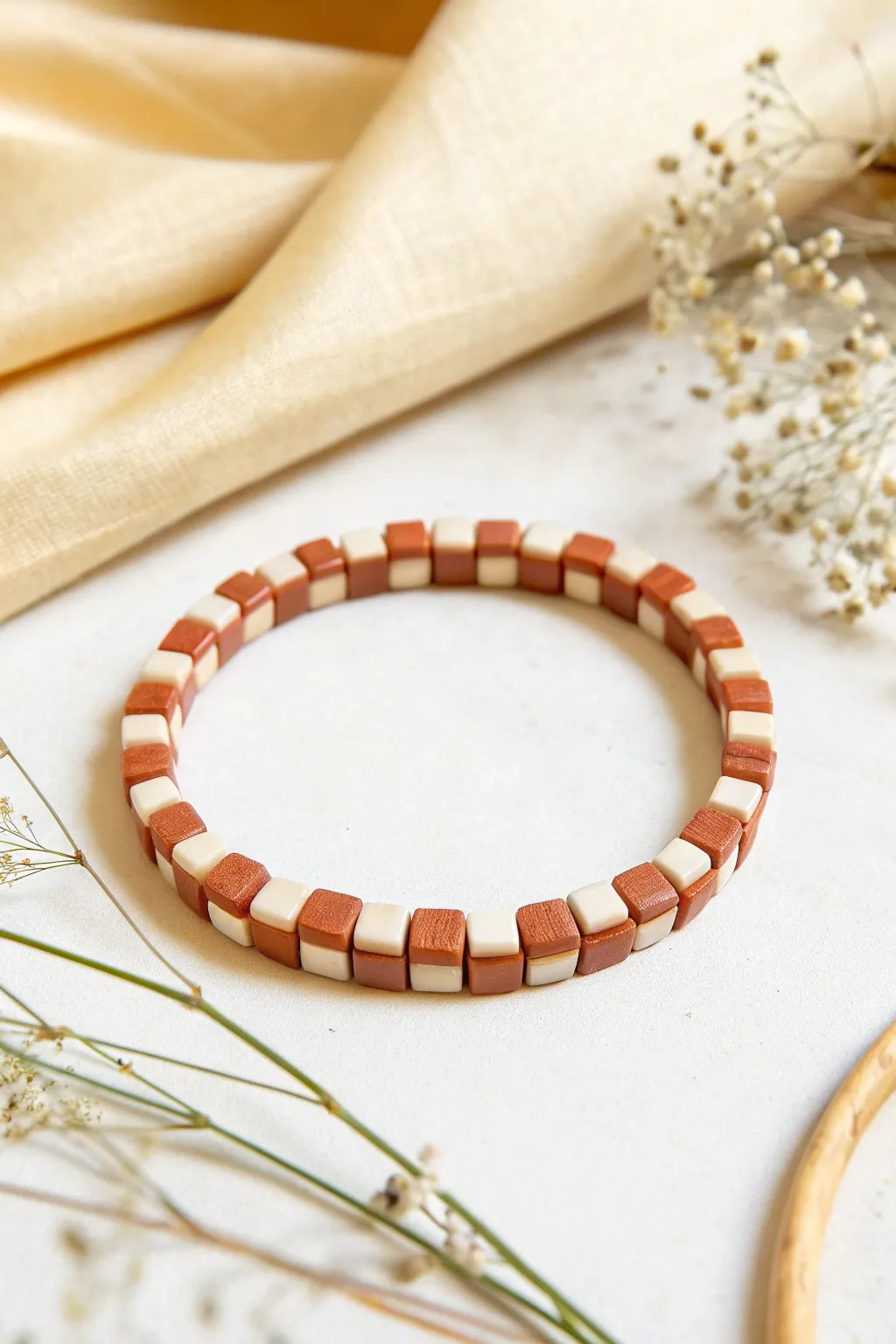 Bold checkerboard clay heishi bracelet in terracotta and ivory, simple Scandinavian boho style