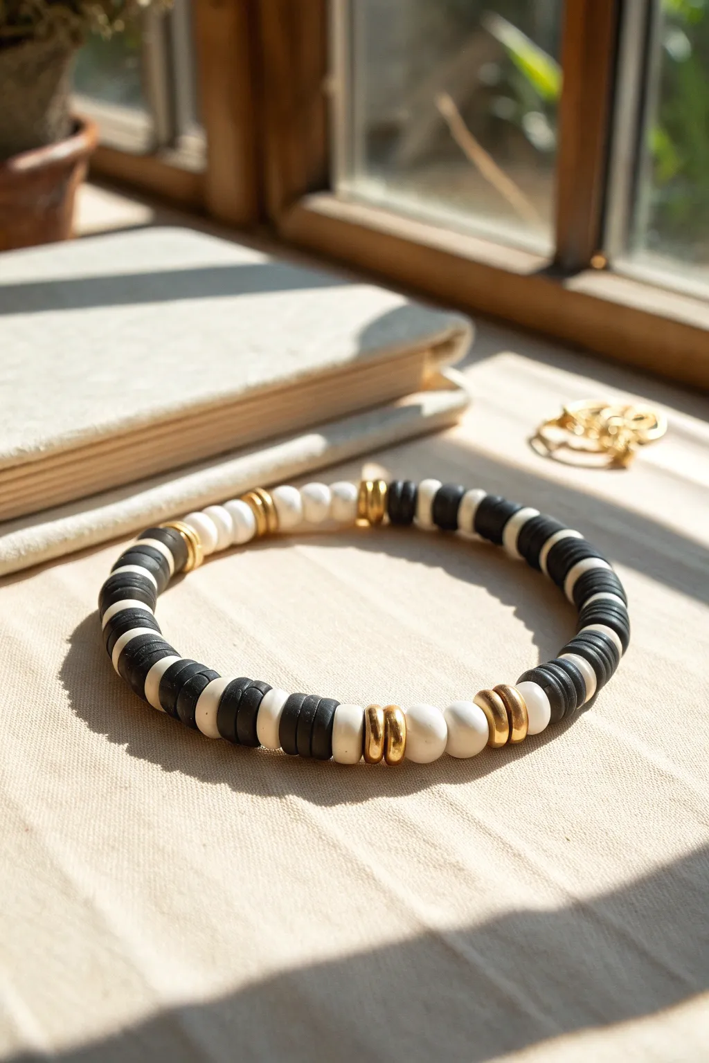 Black-and-white clay heishi bracelet with bold gold spacers for a clean, graphic pop