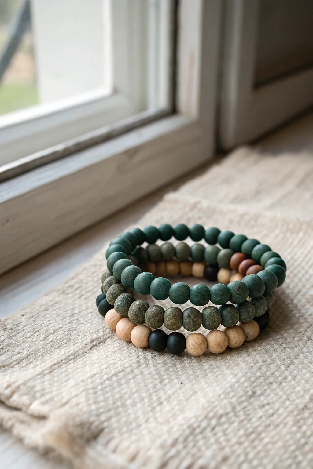 Moody forest green clay bead bracelets with sage, cream, and a tiny black accent combo.