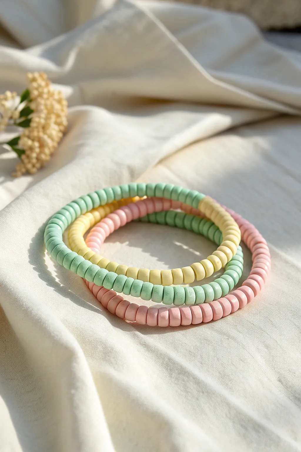 Sorbet Trio heishi bracelets in mint, lemon, and blush for fresh, playful clay bead palettes.