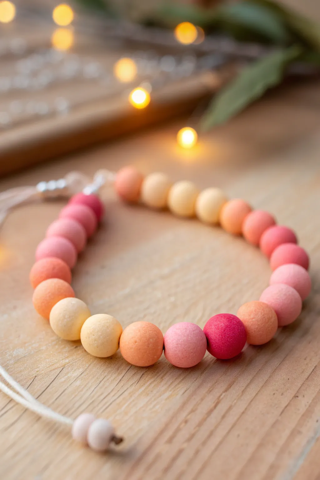 Sunset ombre clay bead bracelet in glowing yellow-to-pink hues, minimal, cute, and handmade.
