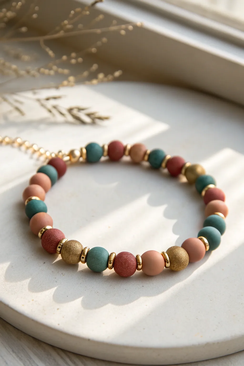 Clay bead bracelet with spaced gold accents every few beads for a clean, rhythmic pattern