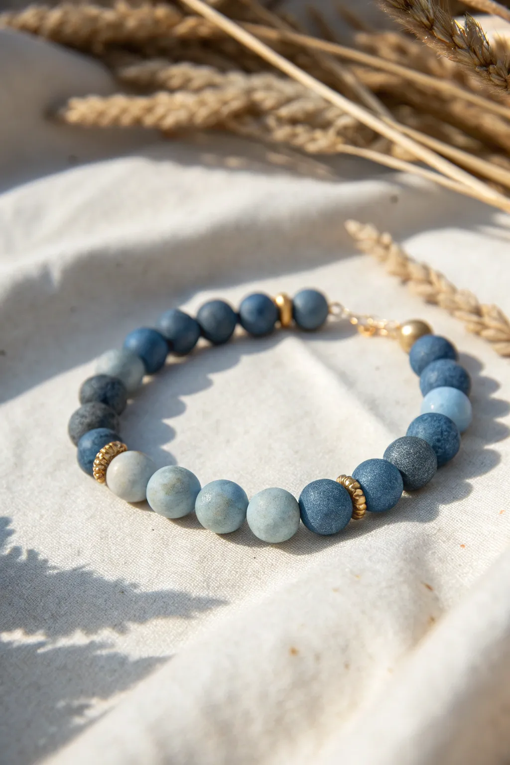 Denim wash blue clay bead bracelet with soft gradient, minimalist boho style, everyday chic.