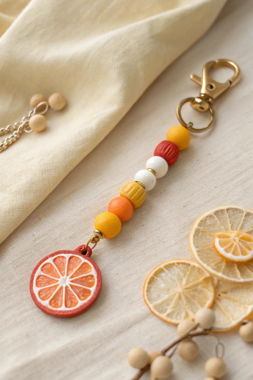 Bright clay heishi keychain with a playful citrus slice focal bead for an easy, sunny DIY