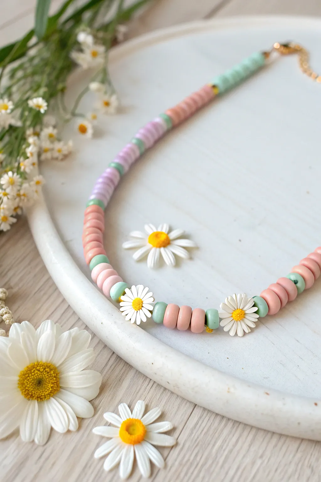 Daisy accents on pastel heishi discs bring sunny, boho-minimal charm to your summer necklace.