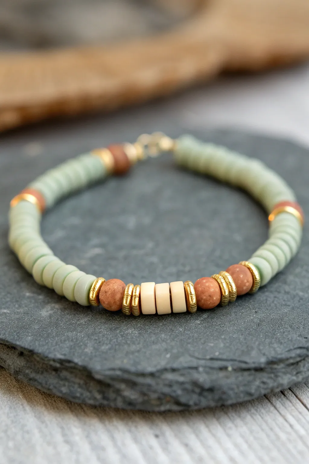 Matte sage and cream heishi bracelet with tiny gold spacers for understated grown-up shine