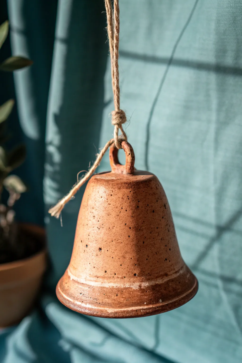 Unglazed rustic clay bell with burnished glow, hanging on twine in bold minimalist boho style.
