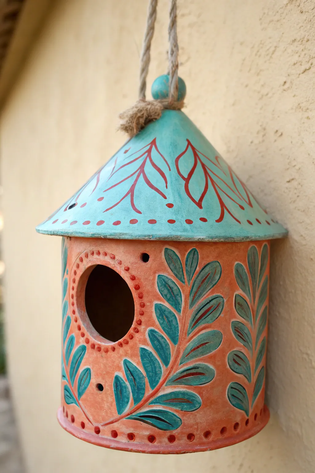 Colorful sgraffito clay birdhouse with bold glaze, minimalist boho vibe on a neutral wall.