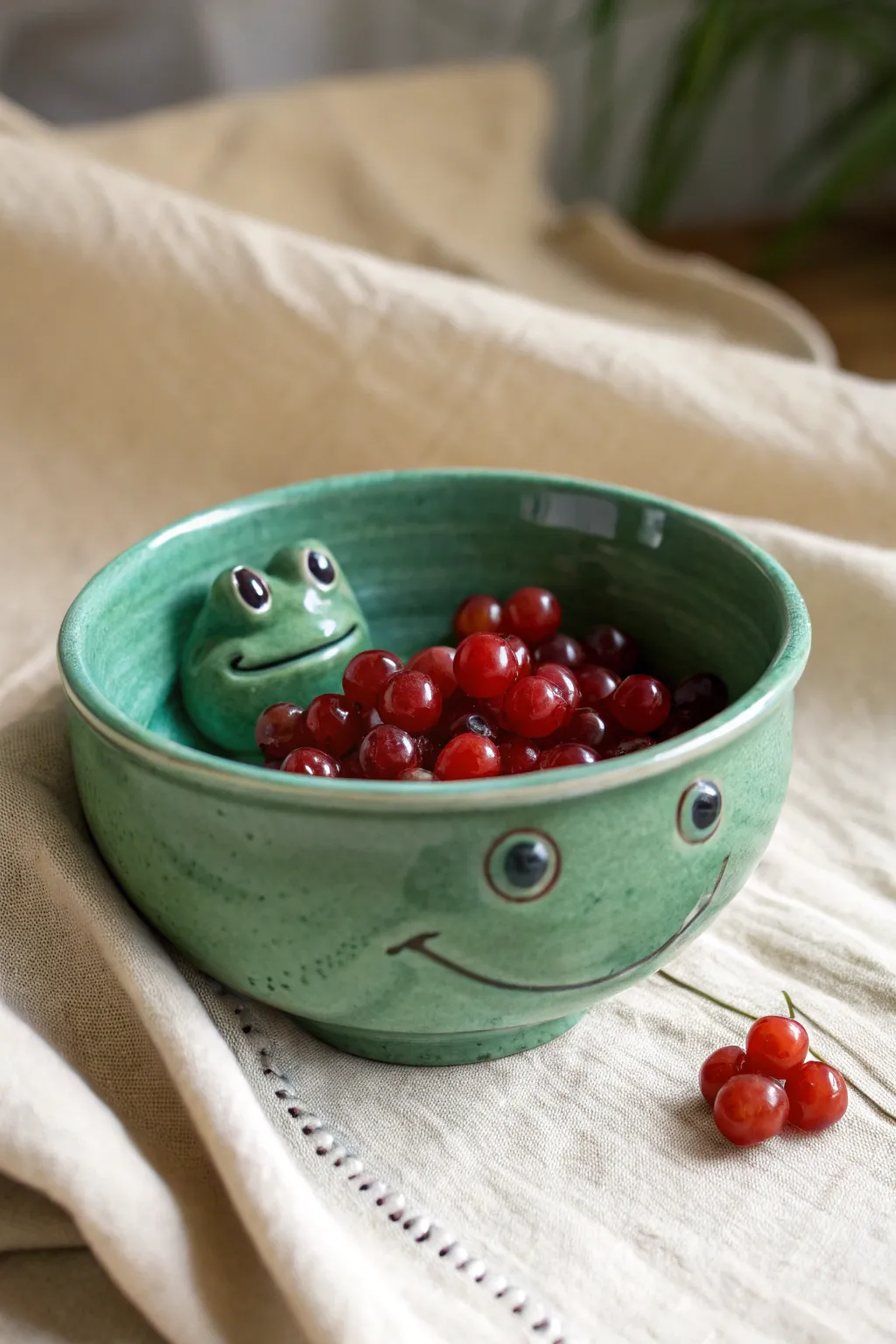 Playful frog bowl with big rim eyes in bright green glaze, perfect for snacks or candy.