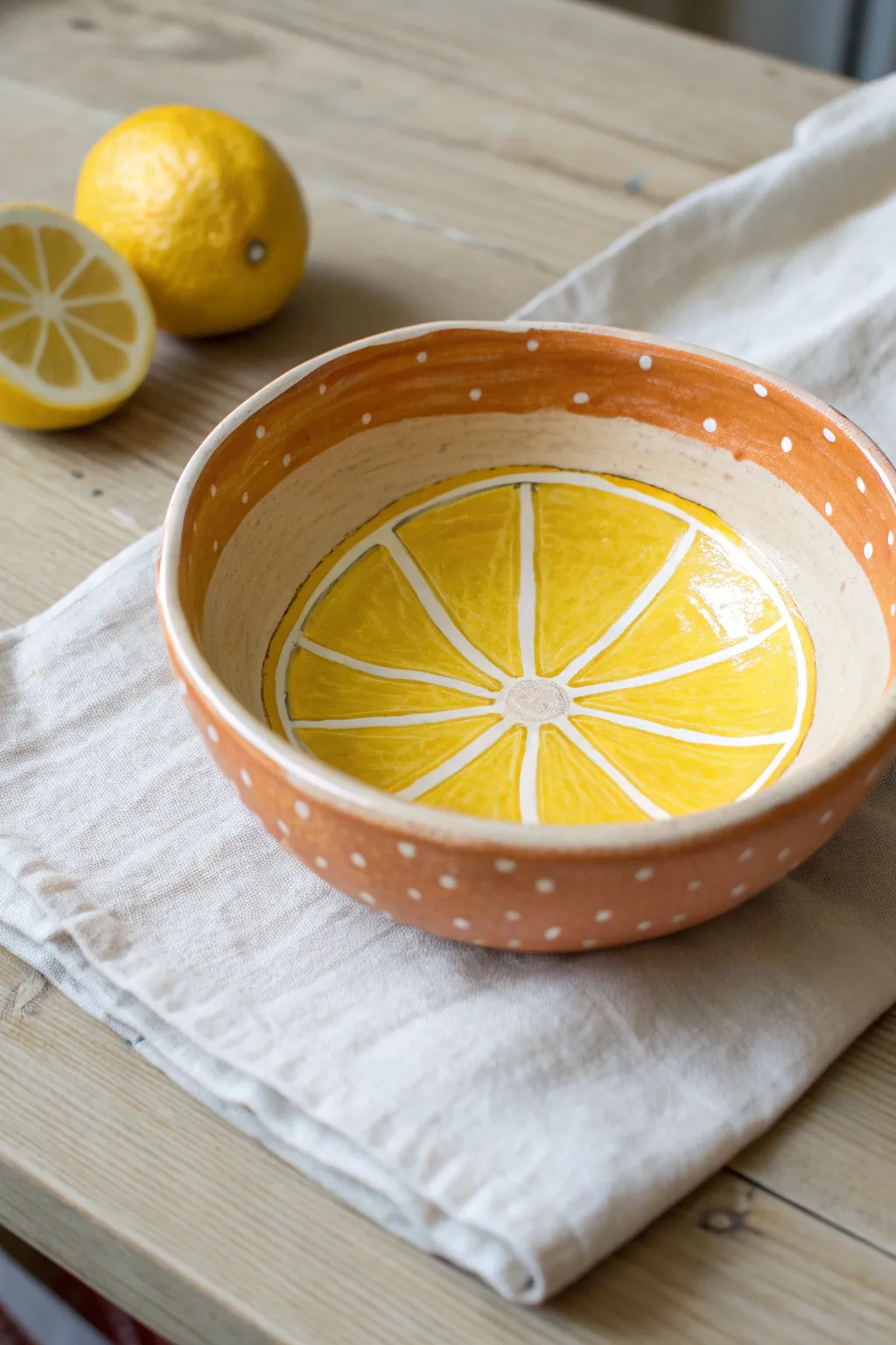 Citrus-slice painted clay bowl with bold, sunny color and a crisp minimalist finish