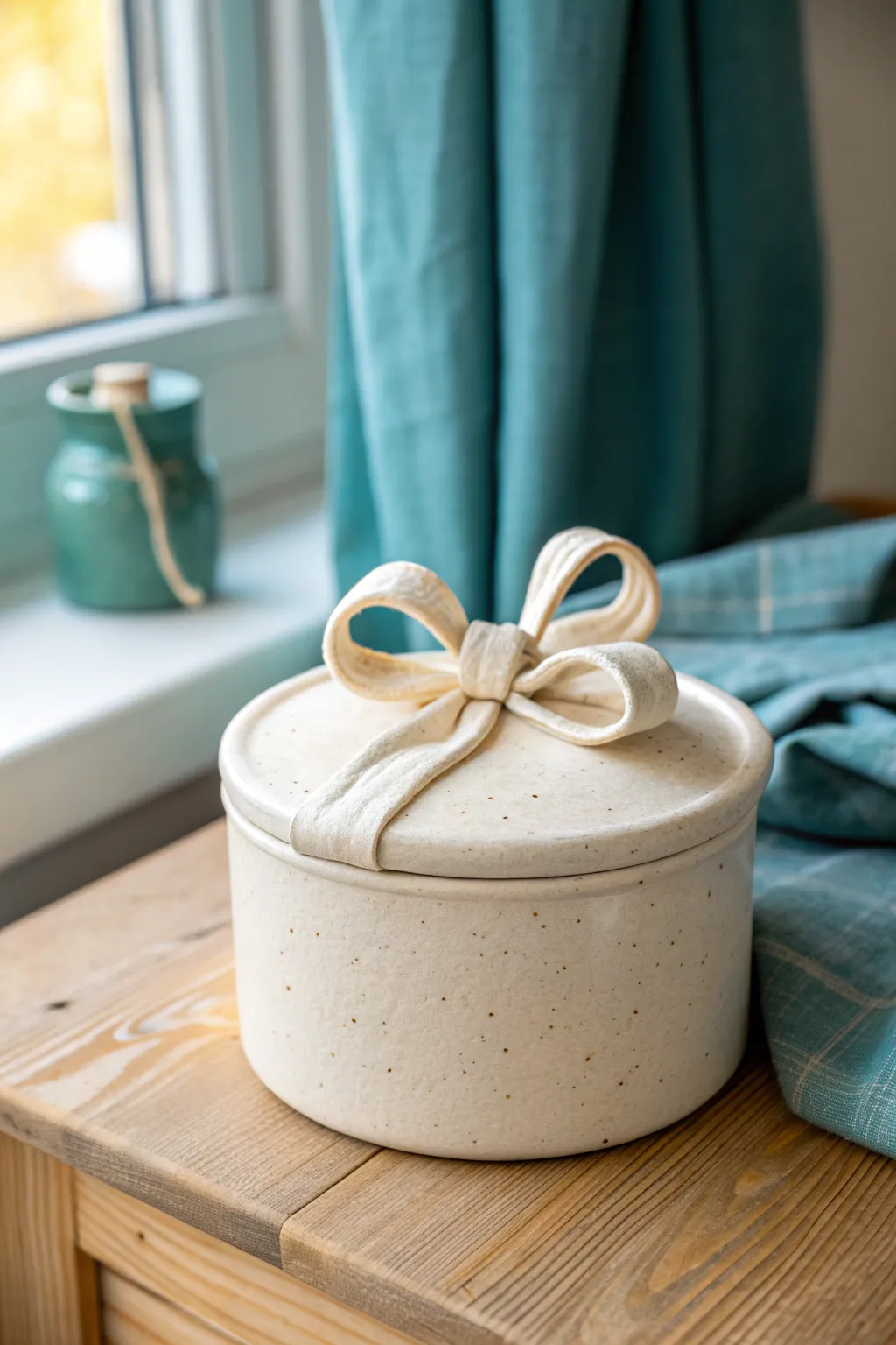 Chunky bow-lid clay box in soft neutral glaze, cozy and giftable, beginner friendly.