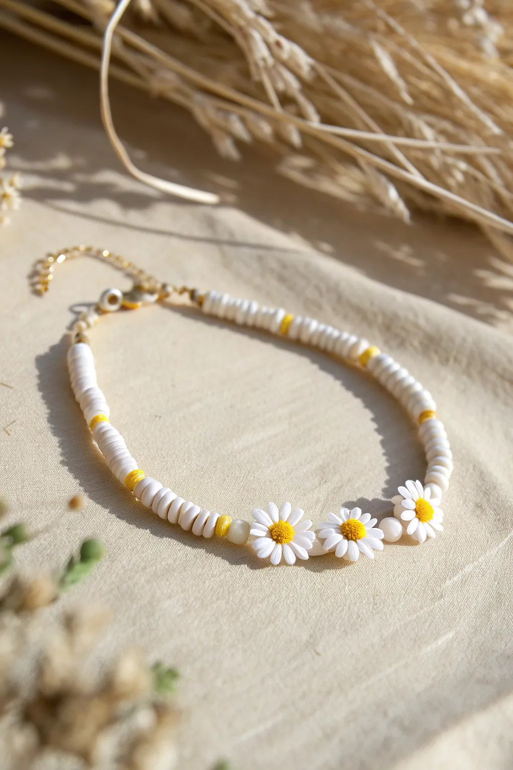 Pastel heishi clay bracelet with tiny daisy spacer beads for a sweet, minimalist boho look