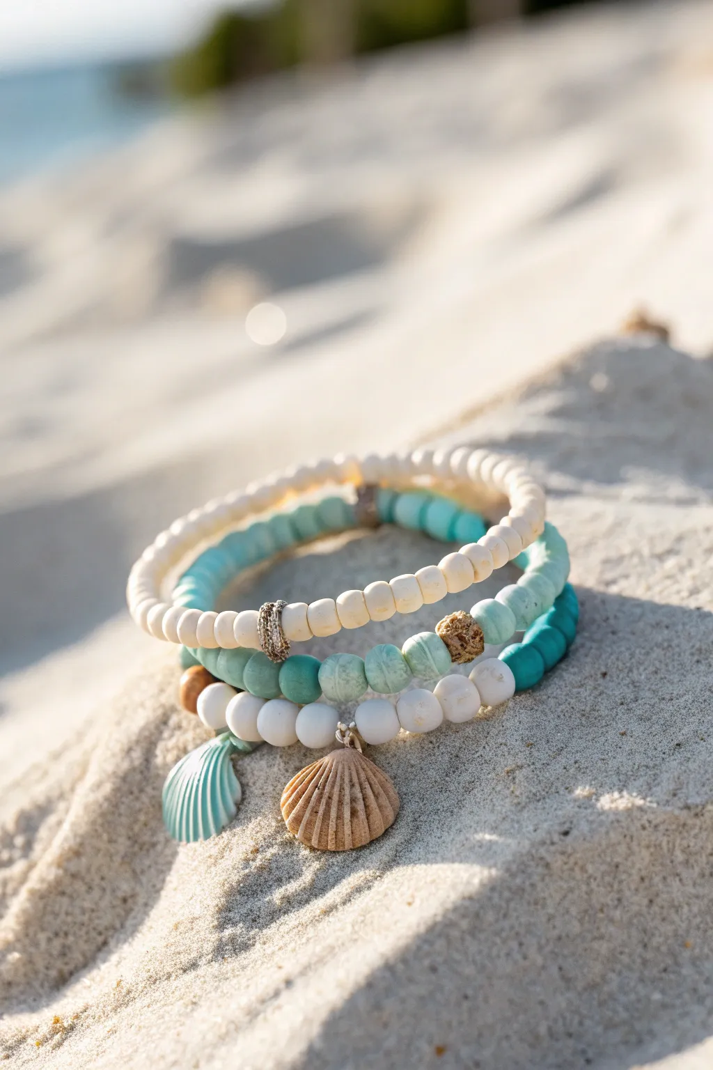 Minimal beach inspired clay bracelet stack in aqua and sand tones with simple shell charms.
