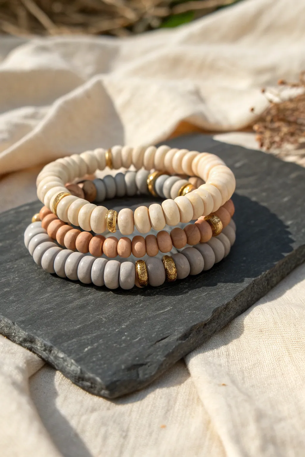 Neutral Sand and Stone clay bead bracelet stack with soft tones, minimal spacers, and modern calm