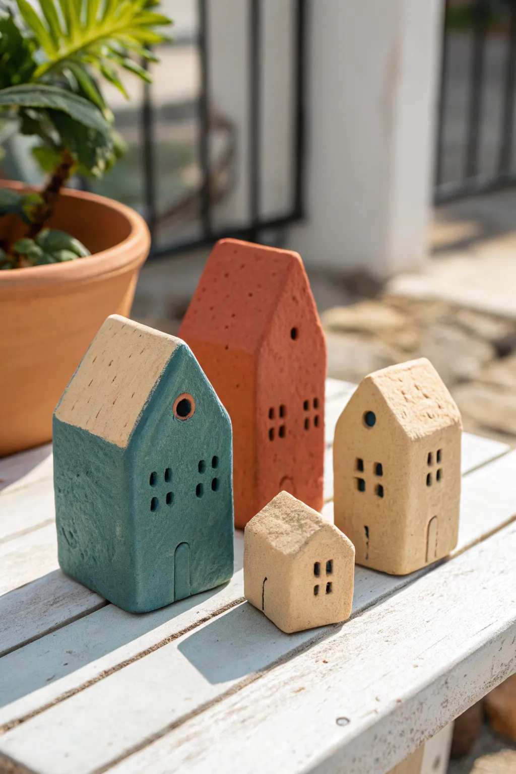 Tiny clay village on a tile: simple shapes, bold colors, and cozy minimalist charm.
