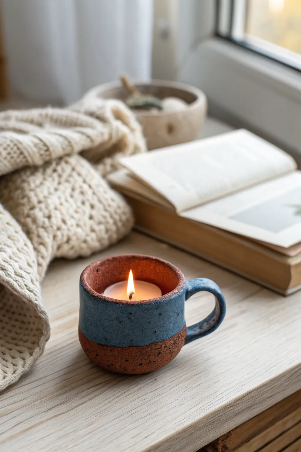 Cozy mug-shaped clay tea light holder with hygge glow, minimalist Scandinavian boho styling.