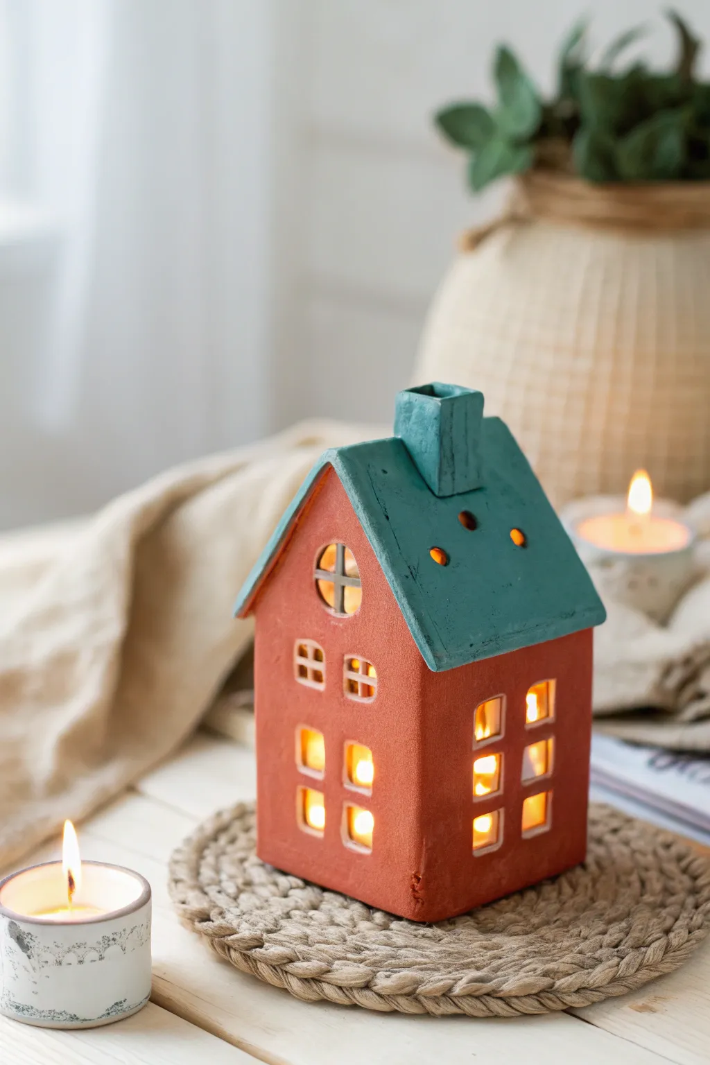 Mini clay house lantern with glowing windows, a cozy Scandinavian-boho tea light centerpiece