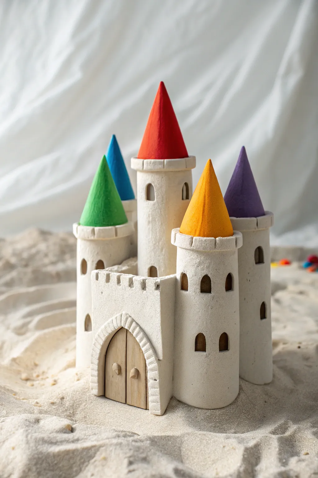 Minimal white clay castle with bold rainbow turret roofs, a playful yet calm Scandinavian look
