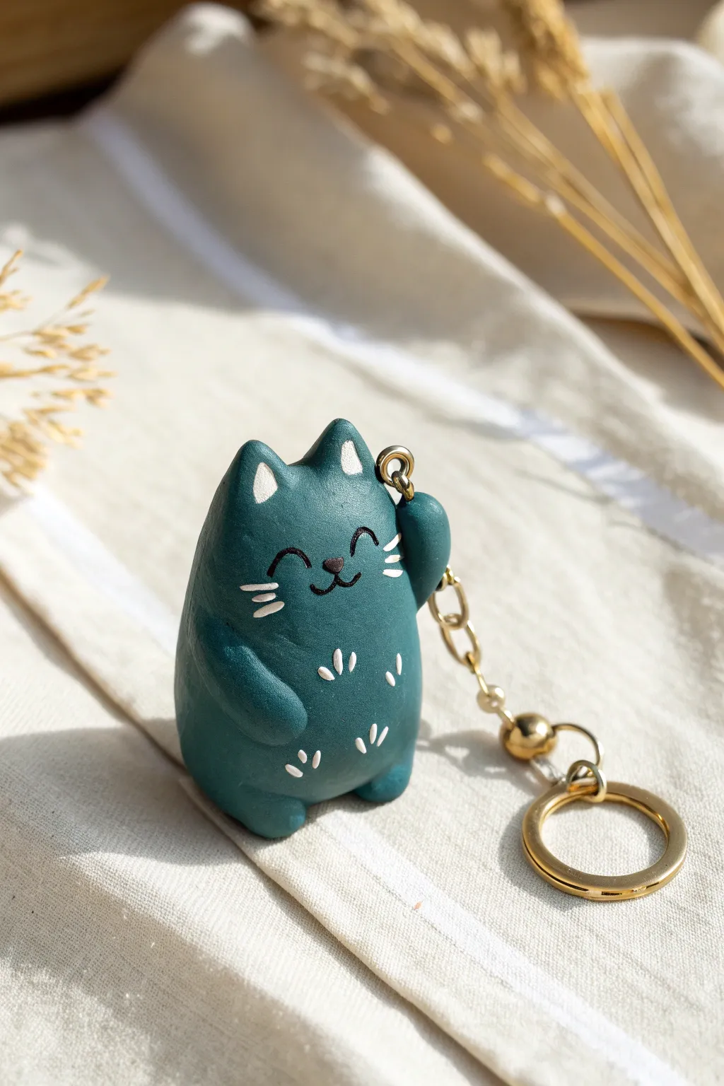 Mini clay cat keychain charm with tiny paws, bold glaze, and minimalist Scandinavian vibes.