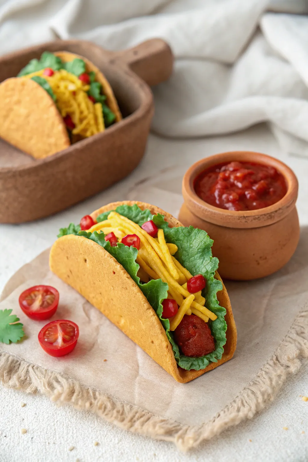 Playful clay taco and salsa set in bold colors, minimalist styling for cute ceramic food decor.