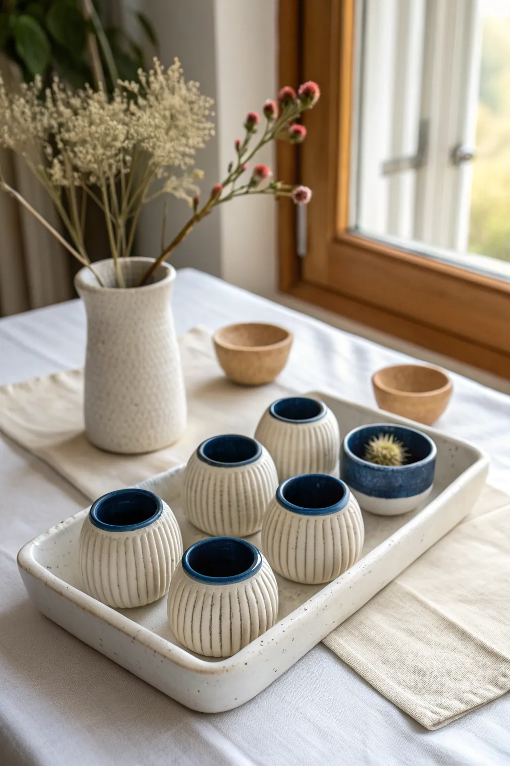 One tool only: a cohesive mini pottery set with matching grooves and a bold cobalt dip finish.