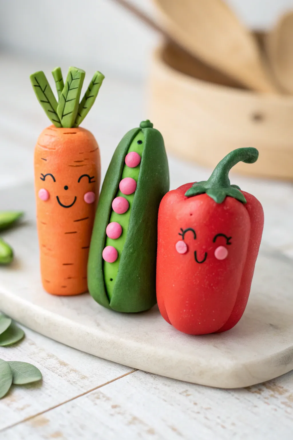 Mini veggie gang in clay: carrot, pea pod, and pepper characters with blush and bold color