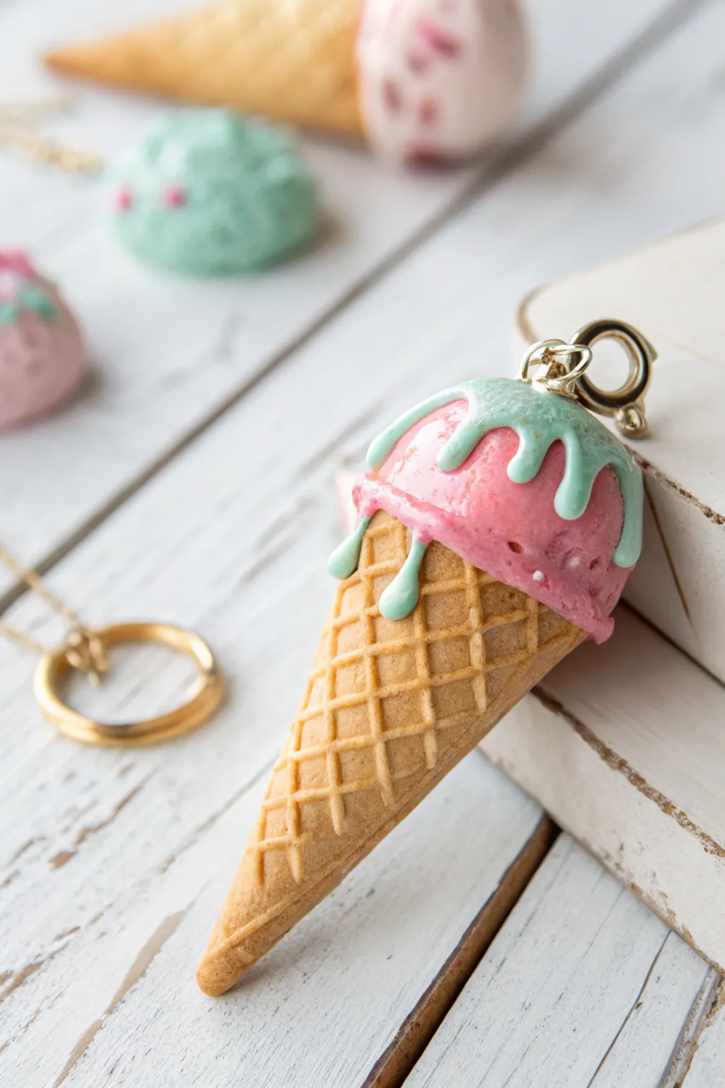 Cute pastel ice cream drip clay charm with minimalist styling, bold contrast, and handmade detail.
