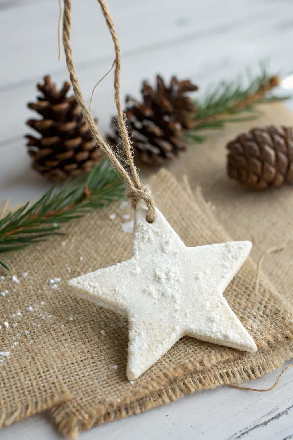 Salt dough lookalike clay star ornament with snowy finish, rustic edges, and natural boho vibes