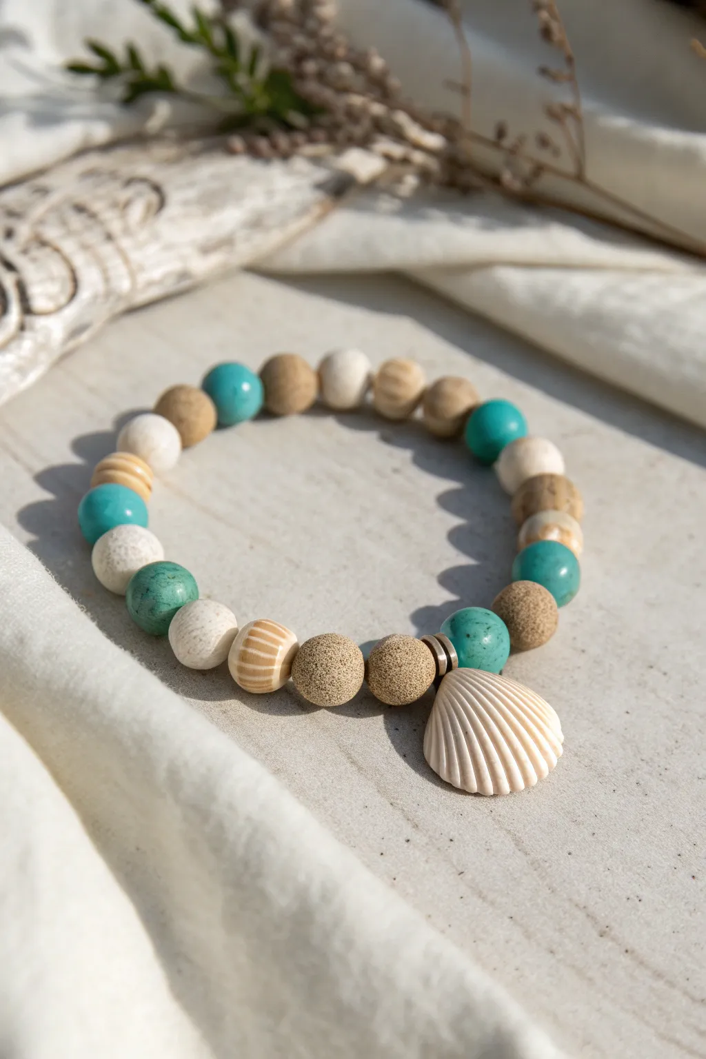 Beachy polymer clay bead bracelet in sand and aqua with a tiny shell charm, minimalist boho vibe