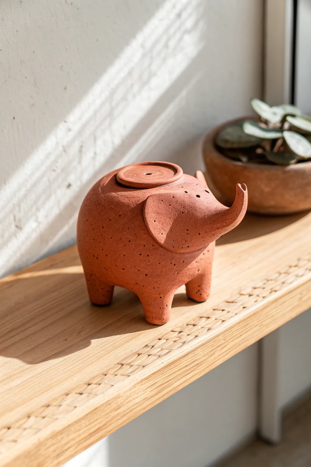 Minimal elephant mini pot in bold coral glaze, a simple clay idea with cozy shelf styling