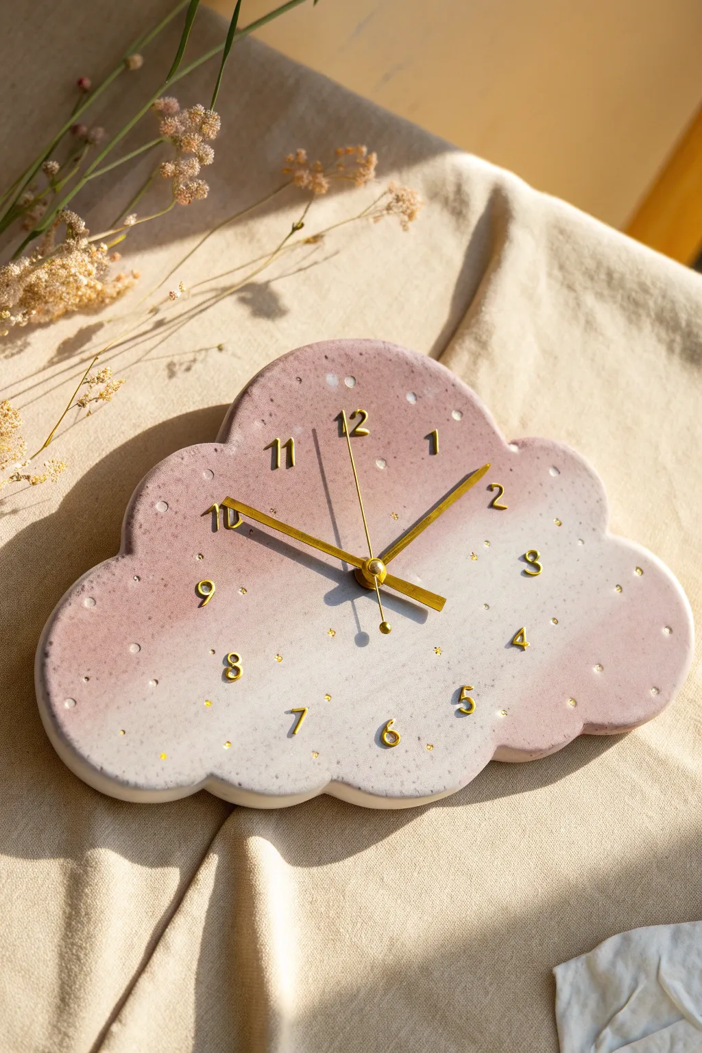 Pastel cloud clay clock with simple dot markers and a bold pop of color for a dreamy nursery wall