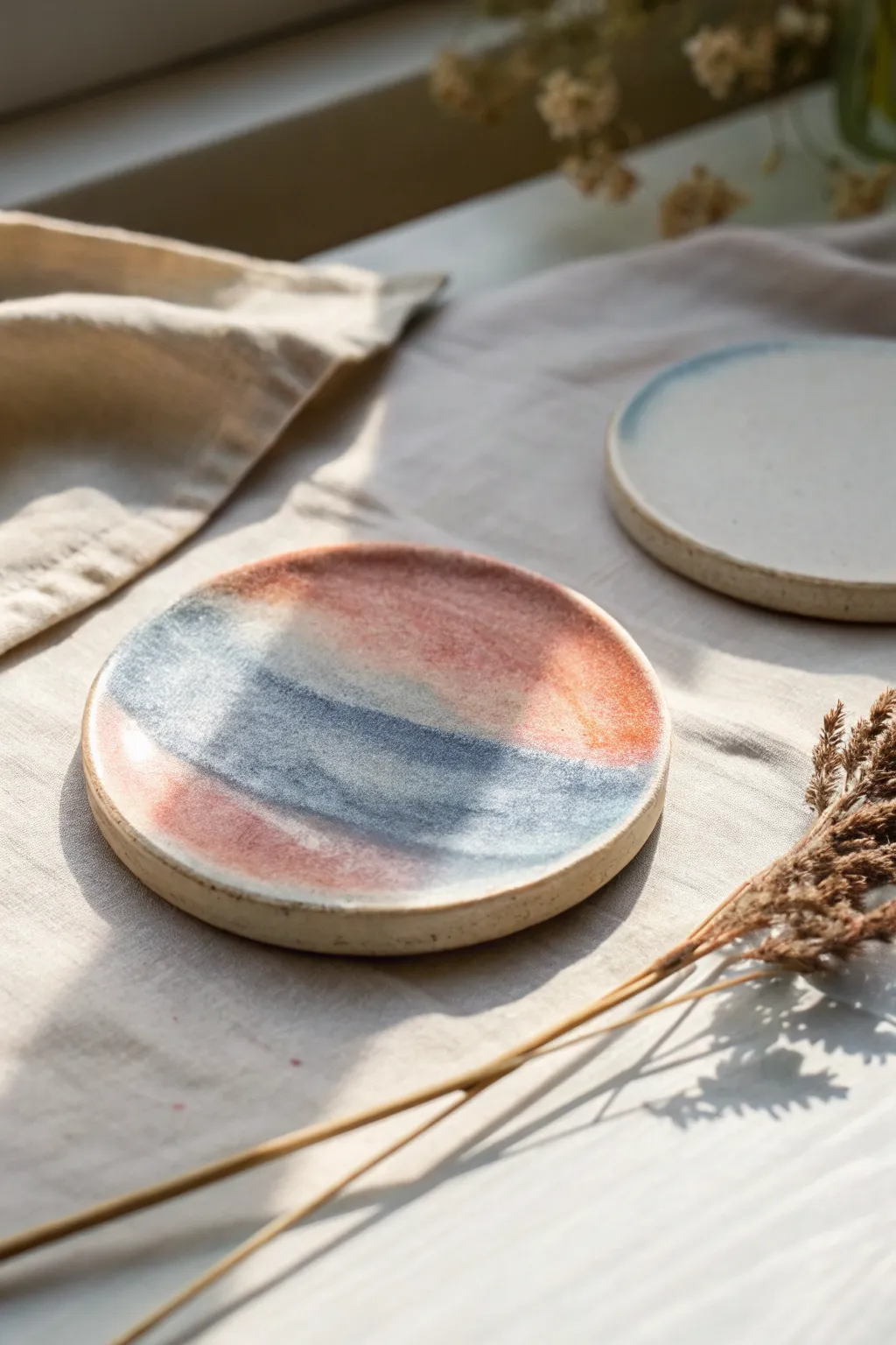 Soft watercolor-wash clay coaster with gentle texture, bright natural light, minimalist boho mood
